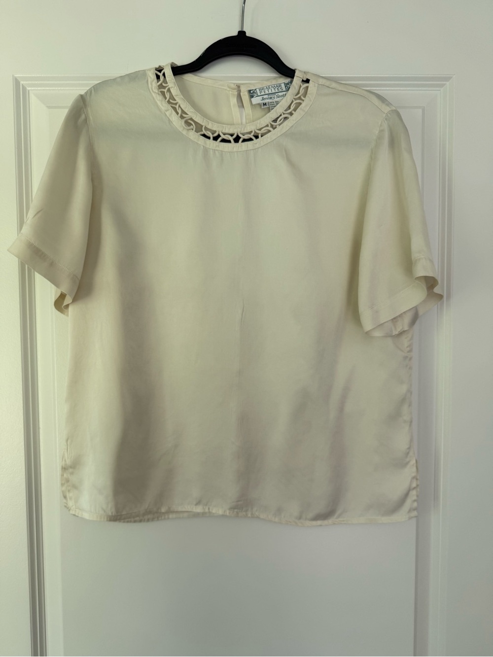Women's Cream Short Sleeve Blouse with Cutout Neckline